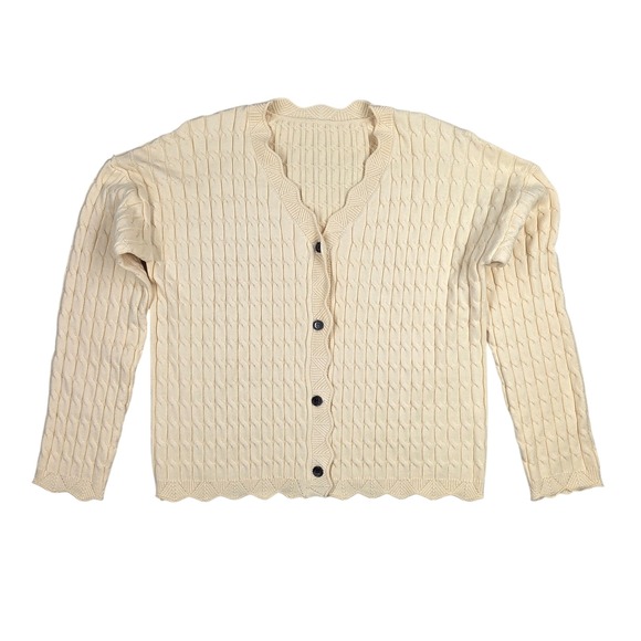 The Unbranded Brand Sweaters - Cream Cable Knit Scalloped V-Neck Cardigan Sweater Large B8C745